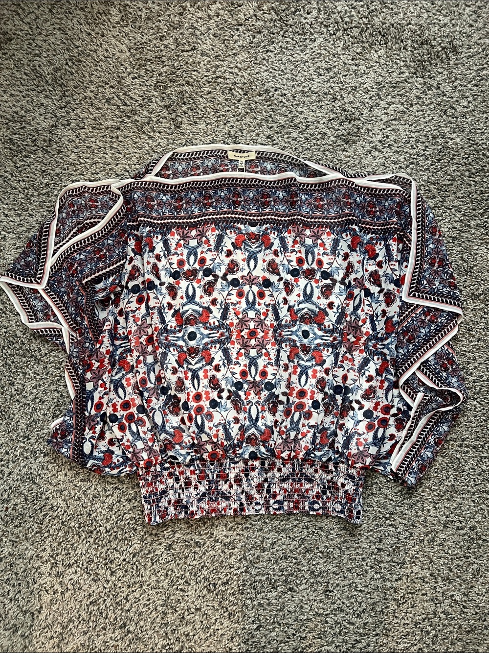 Max Studio Red White Blue Boho Floral Top Split Sleeves Smocked Two Layer Top XL - Picture 11 of 11